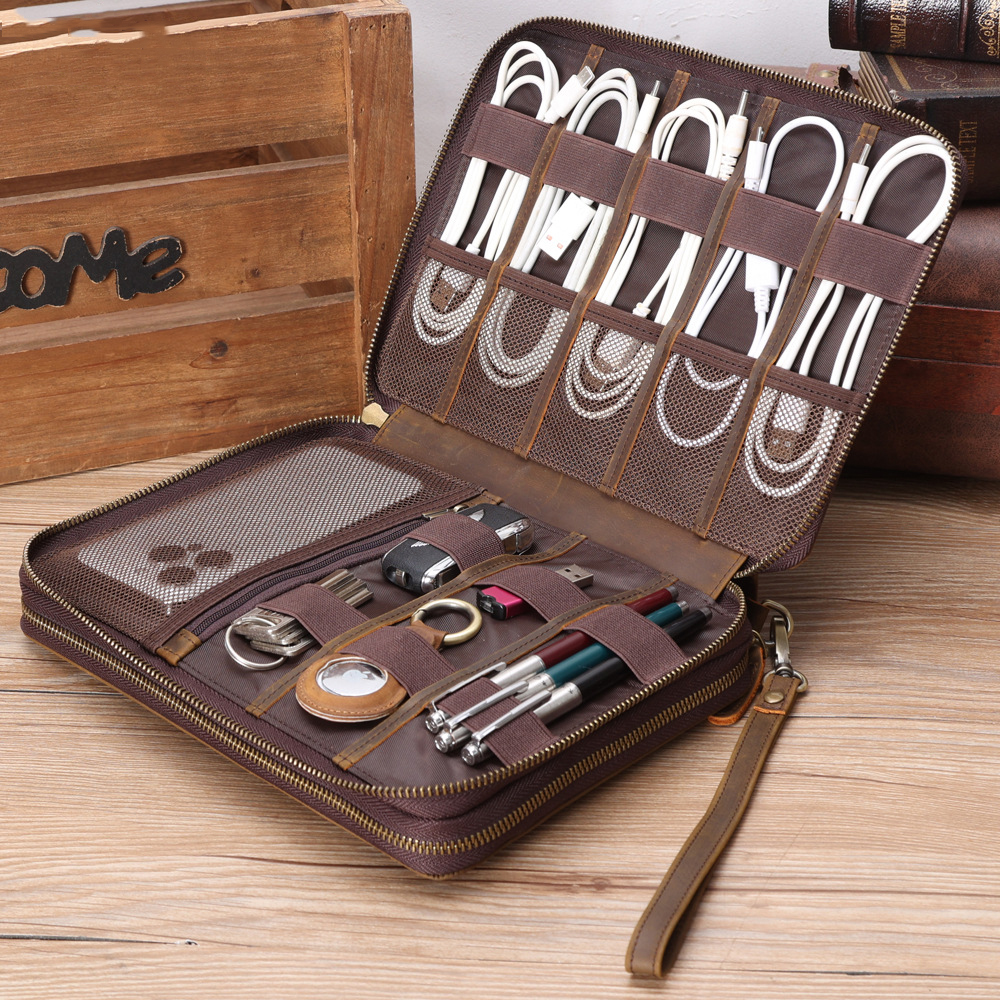 Travel Accessories Bag For Men - Full Grain Leather Travel Cable Accessories